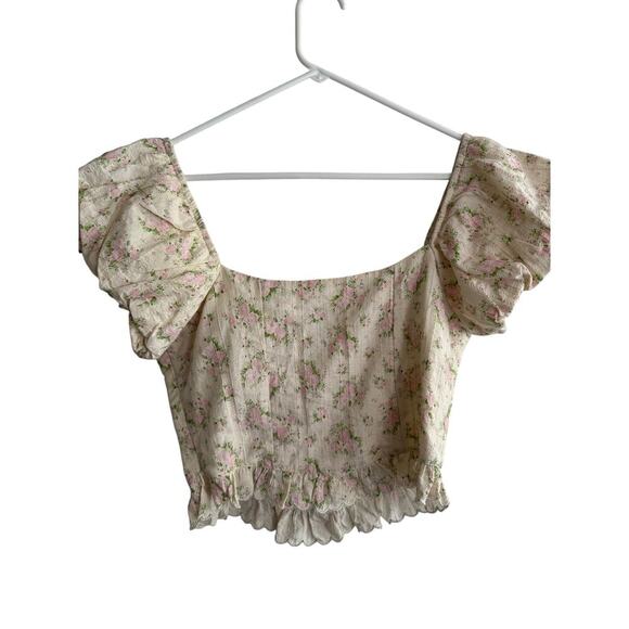 ASTR the Label Cream Floral Puff Sleeve Cropped Top Cotton size Large - Picture 6 of 8
